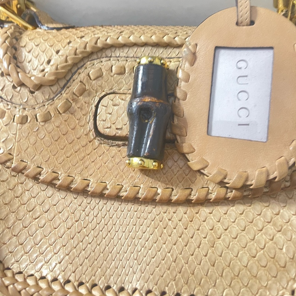 Gucci Convertible BambooTopHandle Bag Braided Crocodile Medium come with mirror